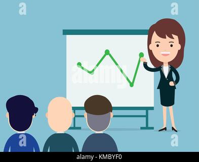 Business woman presents with board in seminar. Group office employee meeting on a management ,teamwork training. Flat cartoon vector illustration. Stock Vector