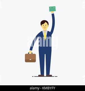 Flat Businessman character style wear suite smiling hold money and bag for his success, happy in business illustration Stock Vector
