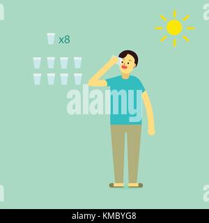 Young man wear private dress drink water.Info eight glass of water of a day for heathy with sun icons.flat cartoon design for infographic and text. Stock Vector