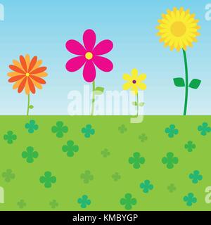 Colorful flowers illustration.Floral blooming in grass fill all clovers leaves and sky background Stock Vector