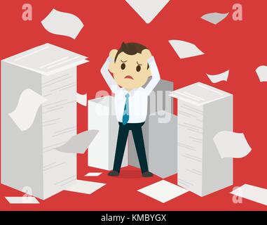 Businessman having a lot of paperwork.Young businessman surrounded by lots of papers. Business man standing in the heap of papers. Vector flat design  Stock Vector