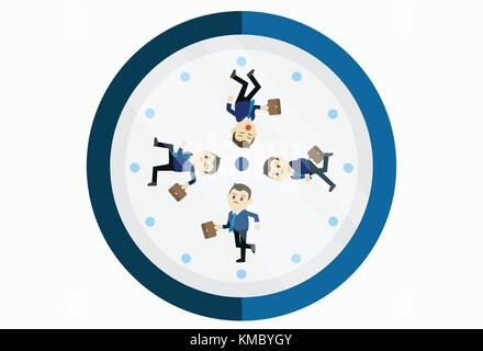 Busy businessman running on the clock.Young businessman running clockwise. Concept of deadline and busy time. Vector flat design illustration. Stock Vector