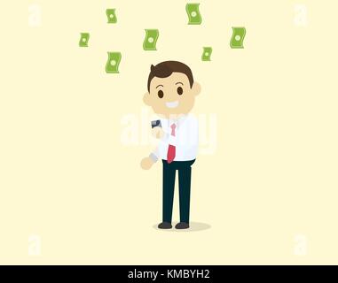 Businessman use smart phone getting income benefit and make a lot of money vector illustration. Stock Vector