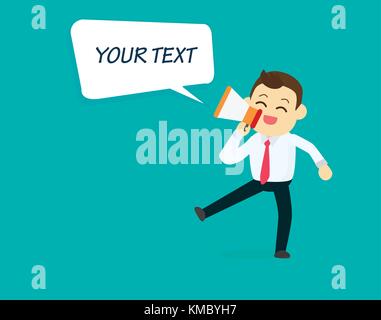 Businessman with megaphone and speech text box.Business concept.happy character talking loudspeaker with text box vector illustration. Stock Vector