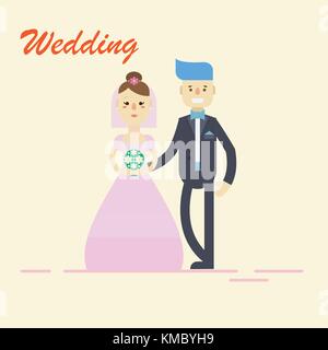 Groom and bride ,couple holding hands on wedding ceremony. Vector illustration of Wedding invitation in flat design characters. Stock Vector