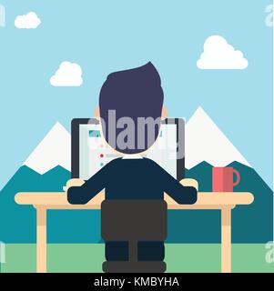 Businessman in back wear suite work around nature with tab work screen on computer ,laptop and red cup on table vector illustration man work in nature Stock Vector