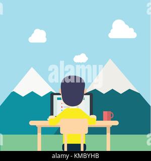 Back Young man yellow shirt work around nature with tab work screen on computer , laptop and red cup on table.illustration man work in nature, field Stock Vector