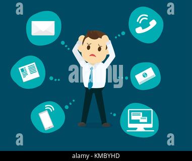 Businessman stress pressure, business mental issues, concept vector icons with pictogram computer,money,news,telephone call,e-mail. Stock Vector