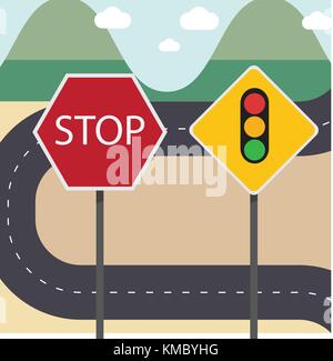 Stop and traffic signs with street country road and sky, mountains background.illustration signs with text. Stock Vector