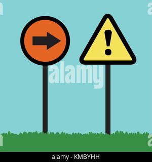 Flat Traffic signs warning on grass and sky background Stock Vector