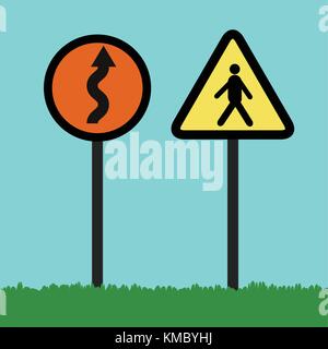 Flat Traffic signs illustration tell arrow curve on orange circle label and silhouette man walk in triangle label on grass and sky background Stock Vector