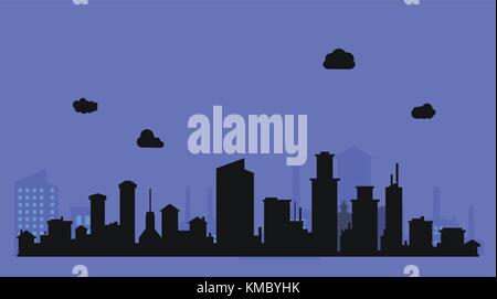 Silhouette level city with clouds and purple background Stock Vector