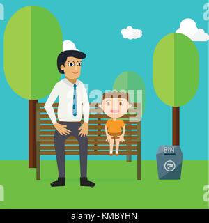 Family day with father and son cartoon characters relax in park.They sit on wooden public chairs and blue bin side with tree,clouds and sky Stock Vector