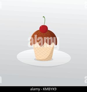 Chocolate Cup Cake and cherry topping on plate and grey background Stock Vector