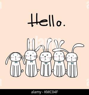 Hand Drawn Cute Bunnies With Say Hello. Stock Vector