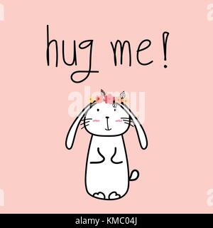 Hand Drawn Cute Bunnies With "hug me!" Typography. Stock Vector