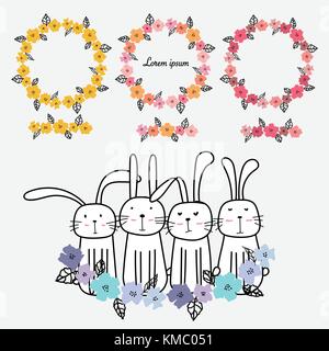 Set Of Hand Drawn Floral Frames Card Decoration And Cute Bunny. Stock Vector