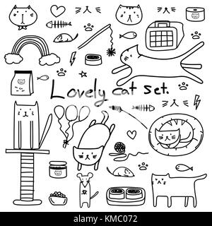 Hand Drawn Doodle Vector Lovely Cat Set. Cute Cat For Gift Wrap. Vector Illustration. Stock Vector