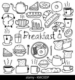 Hand Drawn Doodle Vector Breakfast Set. Vector Illustration. Stock Vector