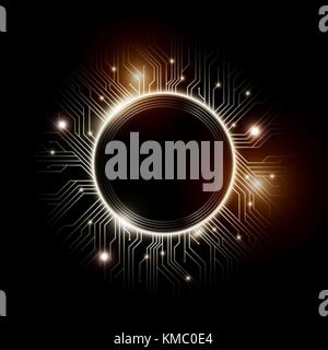 Microchip designs, CPU. Information communication technology elements with sparkles, blue luminescent circuit boards in the shape of circle, vector Stock Vector