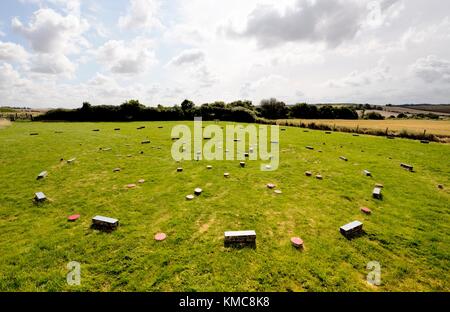 The Sanctuary 4500 year old ritual site. Avebury, Wiltshire England. Markers indicate original concentric stone and wooden posts Stock Photo