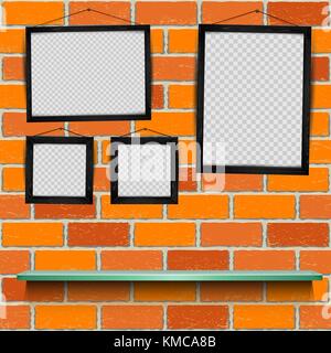 shelf photo frames brick background Stock Vector