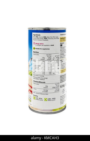 Back of tin can of Tesco Creamed Rice Pudding listing ingredients, allergy advice, recycling information and nutritional values. Stock Photo