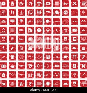 100 time icons set grunge red Stock Vector