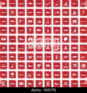 100 transport icons set grunge red Stock Vector