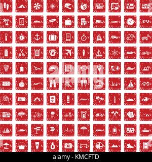 100 travel icons set grunge red Stock Vector