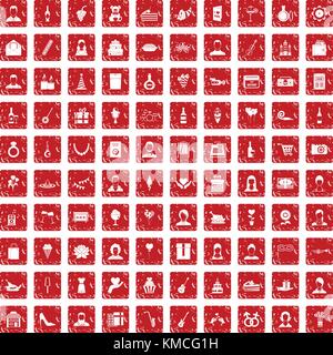 100 birthday icons set grunge red Stock Vector
