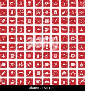 100 USA icons set grunge red Stock Vector