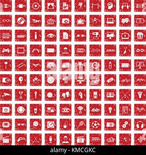 100 video icons set grunge red Stock Vector