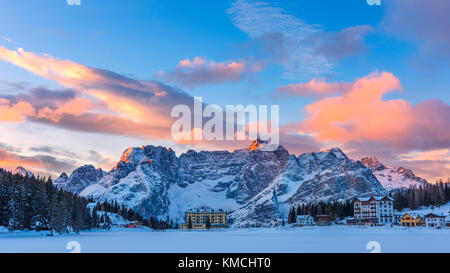 Misurina Lake at sunrise, Cortina d'Ampezzo, Belluno, Veneto, Cadore Stock Photo