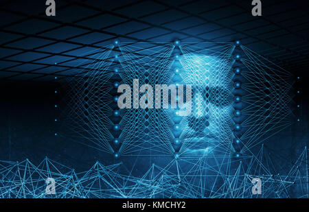 Artificial intelligence conceptual digital illustration with neural network structures and blue human face, 3d render Stock Photo