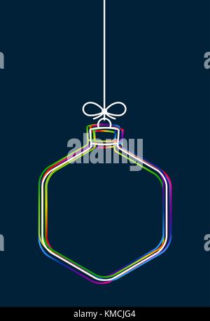 Vector hanging abstract colorful Christmas ball on a string with a bow consisting of multicolored outlines on dark blue background. Stock Vector
