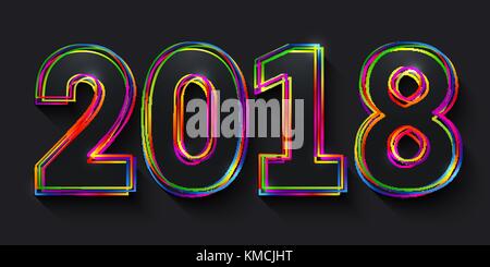 Vector creative happy new year 2018 design consisting of black numbers with colorful multicolored outlines on black background. Stock Vector