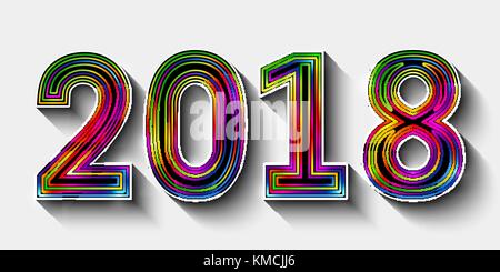 Vector creative colorful happy new year 2018 design consisting of multicolored lines with long shadow on white background. Stock Vector