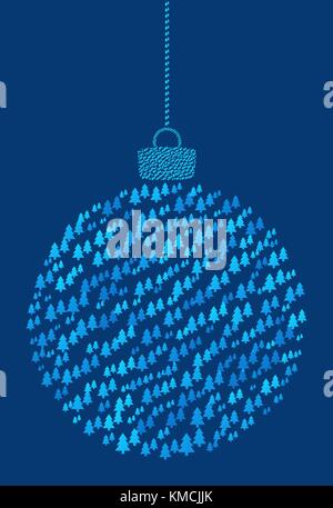 Vector hanging abstract Christmas ball consisting of fir tree icons on blue background. Stock Vector