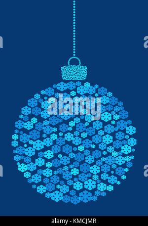 Vector hanging abstract Christmas ball consisting of snowflake icons on blue background. Stock Vector