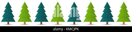 Vector simple geometric coniferous trees with snow in a row. Decorative Christmas border isolated on white background. Seamless horizontal pattern. Stock Vector