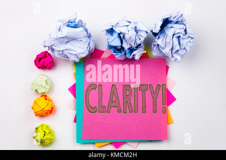 Writing text showing Clarity written on sticky note in office with screw paper balls. Business concept for Clarity Message on white isolated backgroun Stock Photo