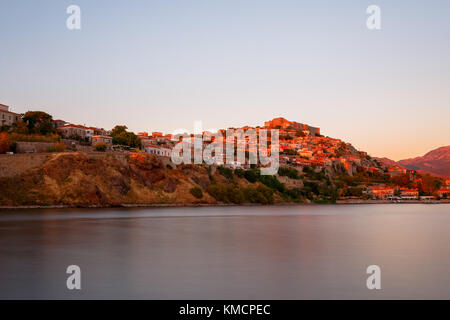 The castle of Molyvos against a clear sky on the north part of Lesvos, in the province of Ancient Mithymna, the second biggest fortress in the island Stock Photo