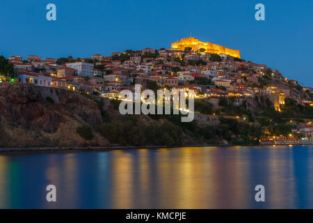 The castle of Molyvos against a clear sky on the north part of Lesvos, in the province of Ancient Mithymna, the second biggest fortress in the island Stock Photo
