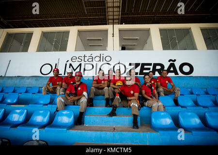 Macapa, Brazil. 17th Nov, 2017. Firefighters sit inside the Zerao soccer stadium in Macapa, Brazil, 17 November 2017. Measurements show that the equator draws through this arena without touching the centre line. Credit: Autumn Sonnichsen/dpa/Alamy Live News Stock Photo