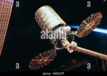The Orbital ATK Cygnus cargo spacecraft is released by the Canada Arm 2 from the International Space Station December 6, 2017 in Earth Orbit. Cygnus will deployed 14 CubeSats from the NanoRacks deployer and will later be burned up on destructive reentry in the Earth atmosphere.