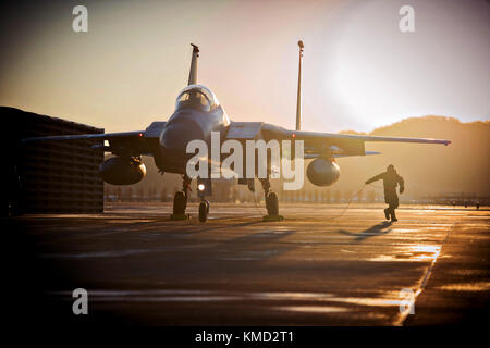 South Korea . 05th Dec, 2017. A U.S. Air Force F-15C Strike Eagle fighter aircraft is prepared for take off during exercise Vigilant Ace at Gwangju Air Base December 5, 2017 in Kwang Ju, South Korea. Hundreds of aircraft from the United States and South Korea are taking part in the massive air exercise. Credit: Planetpix/Alamy Live News Stock Photo