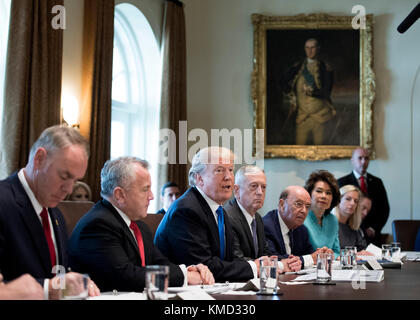 Washington DC, USA. 06th Dec, 2017. United States President Donald J. Trump speaks to the press during a Cabinet meeting at the White House on December 6, 2017 in Washington, DC Credit: Kevin Dietsch/Pool via CNP /MediaPunch Credit: MediaPunch Inc/Alamy Live News Stock Photo