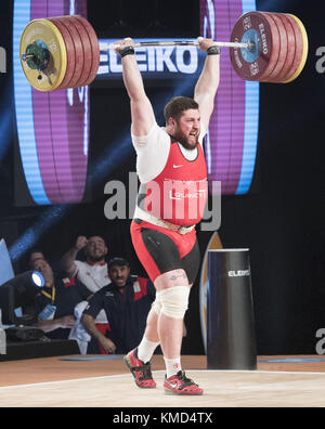 Anaheim, California, USA. 5th Dec, 2017. LASHA TALAKHADZE, of Georgia, competes in the Clean and Jerk which will factor into a world record for combined Snatch and Clean and Jerk Lifts on Tuesday evening. Talakhadze, of Georgia, took not only the Snatch Lift along with the Clean and Jerk Lift as well as the overall championship but also managed, in addition, to break two world records a the same time. Credit: David Bro/ZUMA Wire/Alamy Live News Stock Photo