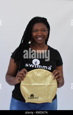 Cape Town, South Africa. 13th Nov, 2017. South African Nomvuyo Treffers showing a model of her swimming caps for afros and dreadlocks in Cape Town, South Africa, 13 November 2017. Credit: Kristin Palitza/dpa/Alamy Live News Stock Photo